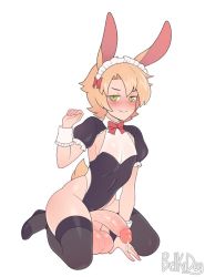 Rule 34 | 1boy, animal ears, belka dog, blonde hair, blush, bow, bowtie, cum, frills, green eyes, hairband, large penis, large testicles, leotard, looking at viewer, maid, maid headdress, male focus, male playboy bunny, original, penis, rabbit ears, rabbit tail, short hair, short sleeves, simple background, smile, solo, tail, testicles, thighhighs, trap, uncensored, veins, veiny penis, white background
