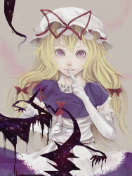 Rule 34 | 1girl, bad id, bad pixiv id, blonde hair, creepy, elbow gloves, female focus, finger to mouth, frea, gap (touhou), gloves, hat, horror (theme), long hair, looking at viewer, pale color, solo, touhou, white gloves, yakumo yukari