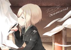 Rule 34 | 1girl, blonde hair, chair, curtains, erica hartmann, closed eyes, holding, military, military uniform, paper, pen, signature, solo, strike witches, tsuchii (ramakifrau), uniform, world witches series