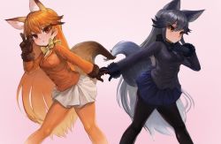 Rule 34 | 10s, 2girls, animal ears, bad id, bad pixiv id, black neckwear, black pantyhose, blazer, blonde hair, blue hair, blue skirt, blush, breast pocket, brown gloves, brown hair, colored eyelashes, dokomon, ezo red fox (kemono friends), fox ears, fox tail, fur trim, gloves, hair between eyes, holding hands, jacket, kemono friends, long hair, long sleeves, looking at viewer, multiple girls, orange eyes, orange pantyhose, outstretched arm, pantyhose, parted lips, pink background, pleated skirt, pocket, silver fox (kemono friends), silver hair, skirt, standing, sweatdrop, tail, v, very long hair, white skirt, yellow neckwear