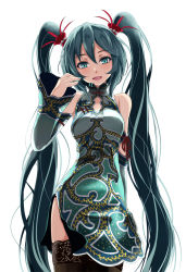 Rule 34 | 1girl, arm behind back, black footwear, black thighhighs, blue dress, blue eyes, blue hair, blue nails, blue panties, brown thighhighs, cleavage cutout, clothing cutout, cowboy shot, detached sleeves, dress, emerald (module), feather hair ornament, feathers, hair between eyes, hair ornament, hatsune miku, high heels, highres, long hair, nail polish, panties, pillarboxed, pumps, red feathers, short dress, simple background, sleeveless, sleeveless dress, smile, solo, standing, suigyoku (module), tattoo, thighhighs, tsukishiro saika, twintails, underwear, very long hair, vocaloid, white background
