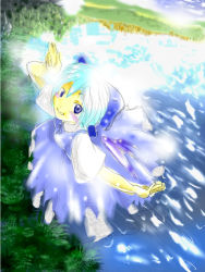 Rule 34 | 1girl, blue dress, blue eyes, blue hair, cirno, day, dress, female focus, flying, full body, ice, ice wings, lake, looking at viewer, matching hair/eyes, outdoors, shore, smile, solo, embodiment of scarlet devil, touhou, water, wings
