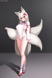 Rule 34 | 1girl, absurdres, ahoge, animal ear fluff, animal ears, bare legs, bare shoulders, breasts, closed mouth, clothing cutout, commission, crossed legs, earrings, expressionless, extra ears, eyeshadow, flower, fox ears, fox girl, fox tail, full body, groin, hair between eyes, hair flower, hair ornament, highres, japanese clothes, jewelry, kitsune, kkam-sang, large breasts, long hair, long sleeves, looking at viewer, makeup, mole, mole on breast, multiple tails, original, platform footwear, pointy ears, red eyes, ribbon-trimmed sleeves, ribbon trim, sandals, shadow, shoulder cutout, sideboob, sideless outfit, socks, solo, standing, tabi, tail, thighs, very long hair, watson cross, white hair, white socks, zouri