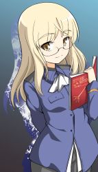 Rule 34 | 1girl, arm behind back, ascot, blonde hair, blue jacket, book, closed mouth, commentary request, copyright name, cowboy shot, glasses, highres, holding, holding book, jacket, long hair, long sleeves, looking at viewer, military, military uniform, no pants, pantyhose, perrine h. clostermann, rebirth42000, silver hair, smile, solo, standing, strike witches, uniform, white ascot, world witches series, yellow eyes