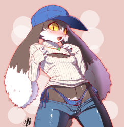 Rule 34 | 1boy, abstract background, blush, bulge, covered erect nipples, crossdressing, furry, furry male, hat, jewelry, kaze no klonoa, klonoa, looking at viewer, male focus, meme attire, necklace, open-chest sweater, open mouth, pants, pointy ears, shourin bonzu, slit pupils, solo, sweater, thong, trap, underwear, wide hips, yellow eyes