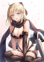Rule 34 | 1girl, :d, ahoge, between legs, bikini, black bikini, black bow, black gloves, black scarf, black thighhighs, blonde hair, blurry, blurry background, blush, bow, breasts, brown eyes, cleavage, commentary request, depth of field, elbow gloves, fate/grand order, fate (series), gloves, gradient background, hair bow, hand between legs, highleg, highleg bikini, highres, layered bikini, looking at viewer, medium breasts, navel, okita j. souji (fate), okita j. souji (first ascension) (fate), okita souji (fate), okita souji (koha-ace), open mouth, petals, pink background, scarf, single glove, smile, solo, swimsuit, thighhighs, toshi (1-147), white background