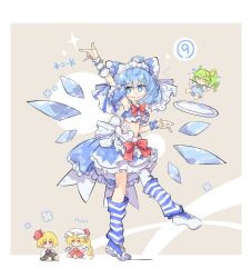 Rule 34 | alternate costume, arm up, armpits, belt, blue belt, blue bow, blue eyes, blue footwear, blue hair, blue shirt, blue skirt, blue socks, blue wrist cuffs, border, bow, cirno, cirno day, crop top, daiyousei, flandre scarlet, frilled bow, frilled headwear, frilled shirt, frilled skirt, frills, fumo (doll), hair bow, hand up, ice, ice wings, internet survivor, kneehighs, maid headdress, primsla, red bow, rumia, shirt, shoe soles, shoes, simple background, skirt, sneakers, socks, standing, standing on one leg, stomach, stomach tattoo, striped clothes, striped socks, tattoo, touhou, tray, waist bow, white border, white headwear, wings, wrist belt, wrist cuffs