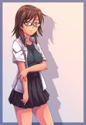 Rule 34 | 1girl, brown hair, casual, e20, glasses, green eyes, houzumi satsuki, original, skirt, solo