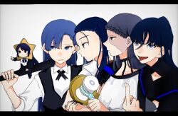 Rule 34 | 5girls, ado (utaite), baseball bat, black bow, black bowtie, black jacket, black nails, black pants, black ribbon, black sailor collar, blue eyes, blue flower, blue hair, blue rose, bow, bowtie, braid, braided bangs, chando (ado), closed mouth, cloud nine inc, collarbone, commentary request, flower, flower brooch, gira gira, hair between eyes, hammer, highres, holding, holding hammer, jacket, letterboxed, long hair, long sleeves, merry (ado), midriff, mini person, moa06409304, multiple girls, nail polish, naima (ado), neck ribbon, odo (song), open mouth, pants, ponytail, readymade (ado), ribbon, rose, sailor collar, shirt, simple background, sleeves past elbows, tongue, tongue out, twintails, upper body, usseewa, utaite, white background, white shirt