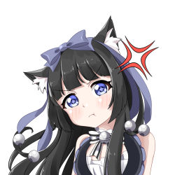 Rule 34 | + +, 1girl, anger vein, angry, animal ear fluff, animal ears, bare shoulders, bell, black hair, blue eyes, blunt bangs, blush, bow, bowtie, cat ears, cat girl, collar, dress, female focus, frown, gothic lolita, hair bow, hair ribbon, highres, lolita fashion, long hair, looking at viewer, neck bell, neko kizuna, original, portrait, pout, ribbon, simple background, solo, standing, symbol-shaped pupils, tachi-e, white background