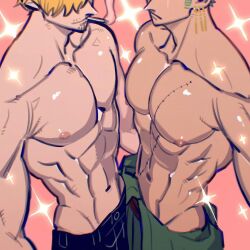 Rule 34 | 2boys, abs, absurdres, bara, blonde hair, cigarette, commission, facial hair, from above, green hair, hair over one eye, head out of frame, highres, large pectorals, long sideburns, male focus, multiple boys, muscular, muscular male, navel, nipples, one piece, pectorals, roronoa zoro, sanji (one piece), short hair, sideburns, sideburns stubble, skeb commission, smile, sparkle background, stomach, stubble, tatsu topi, toned, toned male, topless male, v-taper