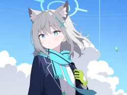 Rule 34 | 1girl, absurdres, animal ears, black jacket, blazer, blue archive, blue eyes, blue halo, blue necktie, blue scarf, cross hair ornament, day, extra ears, gloves, green gloves, grey hair, hair ornament, halo, highres, jacket, jyt, long sleeves, medium hair, necktie, open clothes, open jacket, outdoors, scarf, shiroko (blue archive), shirt, solo, upper body, white shirt, wolf ears