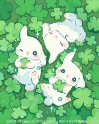 Rule 34 | 2023, animal focus, appledog, artist name, blue eyes, blush, chinese commentary, closed eyes, clover, commentary request, english text, floppy ears, four-leaf clover, green background, highres, holding, holding clover, light blush, looking at viewer, lying, no humans, nose blush, on back, one eye closed, original, rabbit, rabbit tail, sparkle, tail, weibo logo, weibo watermark, white fur, white rabbit (animal)