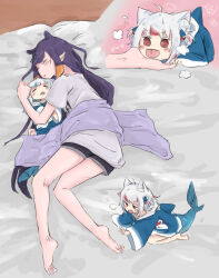 Rule 34 | 3girls, @ @, ahoge, animal ear fluff, animal ears, aoi (aoisaka), bare arms, bare legs, barefoot, bed sheet, black shorts, blue hair, blunt bangs, cat ears, closed eyes, commentary, dual persona, english commentary, feet, fins, fish tail, foot focus, foot worship, full body, gawr gura, gawr gura (1st costume), grey shirt, highres, hololive, hololive english, kneepits, legs, licking, licking foot, long hair, long sleeves, lying, mini person, minigirl, multicolored hair, multiple girls, ninomae ina&#039;nis, ninomae ina&#039;nis (loungewear), on side, open mouth, pointy ears, purple hair, red hair, reflect (gawr gura), shark tail, sharp teeth, shirt, short shorts, shorts, sketch, sleeping, streaked hair, t-shirt, tail, teeth, tentacle hair, tongue, tongue out, two-tone hair, two side up, virtual youtuber, white hair, wide sleeves