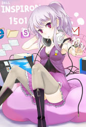 Rule 34 | 1girl, audio jack, bad id, bad pixiv id, bare shoulders, boots, cigarette, computer, drawing tablet, female focus, headphones, headphones around neck, highres, kyouka1108, lapel pin, long hair, mouth hold, original, pc personification, pin, ponytail, purple hair, red eyes, sitting, skirt, smoking, solo, thighhighs