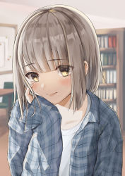 Rule 34 | 1girl, absurdres, blush, bookshelf, grey hair, hand on own face, hand up, head rest, highres, indoors, itou konnyaku, lips, looking at viewer, open clothes, open shirt, original, plaid, plaid shirt, shirt, short hair, sleeves past wrists, solo, upper body, yellow eyes