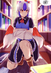 Rule 34 | 1girl, absurdres, blurry, blurry background, blurry foreground, book, book stack, bookshelf, depth of field, head wings, highres, holding, holding book, library, mirufui, multicolored hair, pointy ears, red eyes, solo, tokiko (touhou), touhou, wings