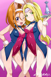 Rule 34 | 2girls, animal ears, barbara (dq6), black neckwear, blonde hair, blue vest, blush, bow, bowtie, breasts, chicago-x, circlet, cleavage, closed mouth, dragon quest, dragon quest vi, earrings, fake animal ears, green eyes, highres, jewelry, large breasts, leotard, long hair, looking at viewer, low-tied long hair, mireyu, multiple girls, open mouth, playboy bunny, purple leotard, rabbit ears, simple background, smile, strapless, strapless leotard, vest, wrist cuffs