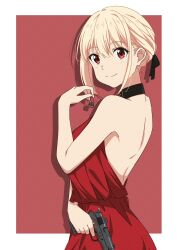 Rule 34 | 1girl, backless dress, backless outfit, black ribbon, blonde hair, blush, border, breasts, closed mouth, commentary, dress, finger on trigger, gun, hair ribbon, handgun, highres, holding, holding gun, holding weapon, jewelry, large breasts, looking at viewer, lycoris recoil, necklace, nishikigi chisato, red dress, ribbon, ryuryu 7150, short hair, sidelocks, sleeveless, sleeveless dress, smile, solo, weapon, white border