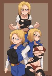 Rule 34 | 1girl, absurdres, android 18, blonde hair, blue eyes, bra, brown hair, dragon ball, hand on own hip, highres, hyyun ho, jacket, pantyhose, shirt, short, skirt, sleeves past elbows, thong, torn clothes, torn shirt, torn sleeves, underwear