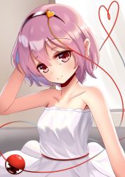 Rule 34 | 1girl, absurdres, alternate costume, black hair, blush, breasts, closed mouth, collarbone, commentary request, dress, eyeball, hand on own head, happy, heart, highres, komeiji satori, looking at viewer, mantou xiang, off-shoulder dress, off shoulder, pink hair, red eyes, short hair, sleeveless, sleeveless dress, small breasts, smile, solo, sundress, third eye, touhou, upper body, white dress