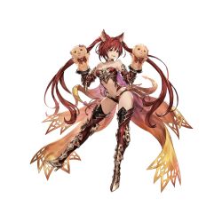 Rule 34 | 1girl, :d, animal ears, armor, bare shoulders, bikini armor, bow, breasts, cerberus (shingeki no bahamut), cleavage, collarbone, dog ears, fang, full body, granblue fantasy, groin, hair between eyes, hand puppet, high heels, jewelry, long hair, medium breasts, minaba hideo, navel, neck ring, official art, open mouth, orange eyes, panties, puppet, purple bow, red armor, red hair, red panties, red thighhighs, shingeki no bahamut, smile, solo, thighhighs, transparent background, twintails, underwear, v-shaped eyebrows