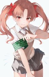 Rule 34 | 1girl, armband, auui, blouse, blush, bow, brown eyes, brown hair, brown sweater vest, collared shirt, female focus, green armband, grey skirt, hair bow, highres, holster, judgment (toaru), looking at viewer, needle, pleated skirt, red bow, safety pin, school uniform, shirai kuroko, shirt, short sleeves, simple background, skirt, smile, solo, sweater vest, thigh holster, thigh strap, throwing needles, toaru kagaku no railgun, toaru majutsu no index, tokiwadai school uniform, twintails, white background, white shirt
