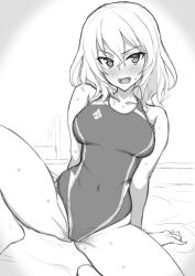 Rule 34 | 1girl, :d, arm support, blush, breasts, collarbone, commentary request, competition swimsuit, covered navel, crossed bangs, girls und panzer, good meat day, greyscale, groin, hair between eyes, highleg, highleg swimsuit, highres, looking at viewer, medium breasts, medium hair, monochrome, mordeth, one-piece swimsuit, open mouth, oshida (girls und panzer), simple background, sitting, smile, solo, spread legs, swimsuit, thighs, wet