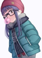 Rule 34 | 1girl, absurdres, beanie, black-framed eyewear, black jacket, blowing bubbles, blue hair, blue jacket, blush, brown eyes, chewing gum, closed mouth, commentary request, cowboy shot, from side, glasses, grey background, grey pants, grey scarf, hands in pockets, hat, highres, hood, hood down, hooded jacket, jacket, long hair, looking away, nomio, oogaki chiaki, open clothes, open jacket, pants, red hat, scarf, sidelocks, simple background, solo, standing, yurucamp