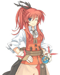 Rule 34 | 1girl, atelier (series), atelier annie, belt, belt pouch, blue eyes, braid, dress shirt, female focus, fingerless gloves, gloves, gust, hair between eyes, hair over breasts, hair ribbon, hand on own hip, hands on own hips, high ponytail, hip focus, lisette lander, long hair, looking at viewer, lowres, official art, one eye closed, ponytail, pouch, red hair, ribbon, shirt, sidelocks, simple background, skirt, sleeves rolled up, smile, solo, standing, turtleneck, upper body, vest, watanuki nao, white background, wink