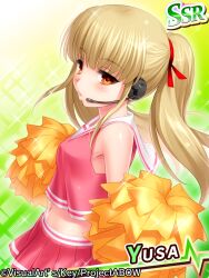 Rule 34 | 1girl, alternate costume, angel beats!, blonde hair, blunt bangs, blush, character name, cheerleader, commentary request, company name, cowboy shot, cropped shirt, earpiece, expressionless, eyelashes, from side, green background, hair ribbon, lips, long hair, long sleeves, looking at viewer, miniskirt, navel, orange eyes, parted lips, pink skirt, pleated skirt, pom pom (cheerleading), red ribbon, ribbon, sailor collar, shirt, simple background, skirt, sleeveless, sleeveless shirt, solo, sparkle, standing, straight hair, twintails, white sailor collar, yusa (angel beats!), zen (kamuro)