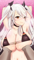 Rule 34 | 1boy, 1girl, armpits, arms up, azur lane, bikini, black bikini, black neckwear, black ribbon, grabbing another&#039;s breast, breast lift, breasts, brown eyes, cleavage, collarbone, commentary request, cross, flag print, german flag, german flag bikini, grabbing, gradient background, hair ribbon, hetero, highres, huge breasts, iron cross, light particles, long hair, looking at viewer, pink background, pov, pov hands, prinz eugen (azur lane), prinz eugen (unfading smile) (azur lane), ribbon, shiny skin, silver hair, skindentation, solo focus, steaming body, sweat, swimsuit, two side up, underboob, upper body, wet, yuzuri ai (ichigo crown)