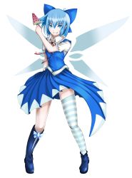 Rule 34 | 1girl, absurdres, asymmetrical clothes, asymmetrical footwear, blue eyes, blue hair, boots, bow, cirno, dista, food, fruit, full body, hair bow, highres, irie tetsuya, matching hair/eyes, mismatched footwear, pointy ears, popsicle, ribbon, short hair, single thighhigh, smile, solo, striped clothes, striped thighhighs, thighhighs, touhou, transparent background, watermelon, wings