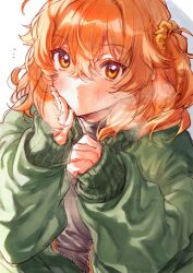 Rule 34 | 1girl, alternate costume, blush, breath, casual, dot mouth, dot nose, fate/grand order, fate (series), fujimaru ritsuka (female), green jacket, grey shirt, hair between eyes, hair ornament, hair scrunchie, hand on own cheek, hand on own face, hands up, highres, jacket, long sleeves, looking at viewer, medium hair, notice lines, orange eyes, orange hair, orange scrunchie, scrunchie, shirt, side ponytail, simple background, sleeves past wrists, solo, turtleneck, uni (nico02), upper body, white background, zipper