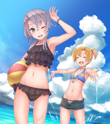 Rule 34 | 10s, 2girls, :d, ;d, ^ ^, arm up, armpits, asymmetrical hair, ball, bare arms, bare shoulders, beachball, bikini, bikini under clothes, blonde hair, blush, bracelet, breasts, closed eyes, cloud, cloudy sky, cowboy shot, day, dutch angle, closed eyes, flipped hair, frilled bikini, frills, front-tie bikini top, front-tie top, hair between eyes, highres, holding, holding ball, jewelry, kantai collection, konnyaku (kk-monmon), long hair, looking at viewer, maikaze (kancolle), multiple girls, navel, nowaki (kancolle), ocean, one eye closed, open fly, open mouth, outdoors, outstretched arms, round teeth, short hair, short ponytail, short shorts, shorts, silver hair, sky, small breasts, smile, splashing, swimsuit, swimsuit under clothes, teeth, unbuttoned, wading, water