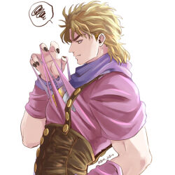 Rule 34 | 1boy, black nails, blonde hair, commentary request, dio brando, ear birthmark, from side, grm jogio, jojo no kimyou na bouken, lowres, male focus, phantom blood, purple scarf, red eyes, scarf, simple background, solo, spoken squiggle, squiggle, suspenders, torn clothes, vampire, white background
