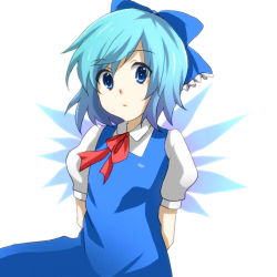 Rule 34 | arms behind back, bad id, bad pixiv id, blue eyes, blue hair, bow, cirno, dress, embodiment of scarlet devil, hair bow, hikage, hikage (lamento), lowres, neck ribbon, ribbon, short hair, solo, touhou, upper body