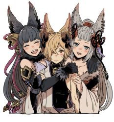 Rule 34 | 1boy, 2girls, animal ears, backless outfit, bell, blush, elbow gloves, emu (losspass), erune, closed eyes, fox ears, gloves, granblue fantasy, hair bell, hair ornament, kou (granblue fantasy), long hair, multiple girls, off shoulder, open mouth, red eyes, smile, societte (granblue fantasy), tail, yuel (granblue fantasy)
