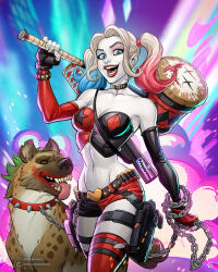 Rule 34 | 1girl, batman (series), chain, chain leash, collar, colored skin, dc comics, detached sleeves, fingerless gloves, fingernails, gloves, hammer, harley quinn, highres, holding, holding hammer, hyena, leash, lipstick, makeup, multicolored hair, navel, open mouth, patrick brown, sharp teeth, tank top, teeth, twintails, weapon, white skin