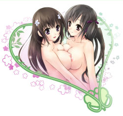 Rule 34 | 2girls, bare shoulders, black hair, blush, breast press, breasts, brown hair, character request, cleavage, collarbone, female focus, hair ornament, hairclip, holding hands, happy, heart, hug, large breasts, long hair, looking at viewer, multiple girls, nipples, nude, open mouth, pink eyes, purple eyes, ribbon, sideboob, smile, source request, symmetrical docking, teeta j, v arms, v arms duo, yuri
