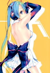 Rule 34 | 1girl, absurdres, argyle, argyle bow, argyle clothes, arms up, back bow, backless dress, backless outfit, black gloves, blue bow, blue eyes, blue hair, bow, breasts, cowboy shot, dress, elbow gloves, gloves, gradient hair, green hair, hair between eyes, hatsune miku, headphones, highres, long hair, multicolored hair, pleated dress, shiomizu (swat), short dress, sideboob, sleeveless, sleeveless dress, small breasts, solo, standing, thigh strap, twintails, very long hair, vocaloid, white dress, yellow background