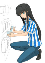 Rule 34 | 00s, 1girl, a1 (initial-g), black hair, blue eyes, convenience store, gundam, gundam 00, hair intakes, half updo, kneeling, marina ismail, shirt, shop, sidelocks, simple background, solo, striped clothes, striped shirt, vertical-striped clothes, vertical-striped shirt, white background