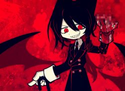 Rule 34 | 1boy, animal ears, bags under eyes, black coat, black hair, black necktie, blood, blood on clothes, buttons, cane, censored, coat, collared shirt, colored skin, commission, evil smile, funamusea (artist), gloves, holding, holding cane, looking at viewer, male focus, mosaic censoring, necktie, original, pointless censoring, ponytail, red background, red eyes, sharp teeth, shirt, skeb commission, slit pupils, smile, solo, teeth, white gloves, white shirt, white skin, wings