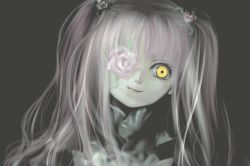 Rule 34 | 00s, 1girl, animated, animated gif, artist request, creepy, dark, flower, frills, grey theme, grin, horror (theme), kirakishou, long hair, one-eyed, pale skin, pink hair, portrait, rose, rozen maiden, silver hair, simple background, smile, solo, source request, teeth, twintails, yellow eyes