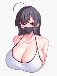 Rule 34 | 1girl, ahoge, black hair, breasts, cleavage, collarbone, commentary request, eyelashes, hair ornament, hairclip, highres, huge breasts, kuavera, long hair, mask, mole, mole on breast, mouth mask, orange eyes, original, solo, sports bra, unfinished, upper body, white background