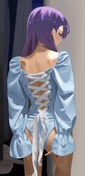Rule 34 | 1girl, absurdres, ass, blue hair, closed mouth, clothing request, dress, dubeaduver, highres, indoors, long hair, long sleeves, looking at viewer, looking back, original, pantyhose, profile, purple hair, red nails, shoulder blades, skirt, sleeves past wrists, smile, solo, standing, striped, thighhighs, underwear