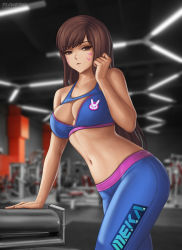Rule 34 | 1girl, acronym, adapted costume, animal print, arm support, blue pants, blue sports bra, blurry, blurry background, breasts, brown eyes, brown hair, cleavage, cleavage cutout, clenched hand, clothing cutout, collarbone, commentary, cowboy shot, d.va (overwatch), english commentary, exercise machine, facepaint, facial mark, flowerxl, gym, indoors, long hair, looking at viewer, medium breasts, midriff, navel, no headwear, overwatch, pants, parted lips, rabbit print, skin tight, solo, sports bra, swept bangs, tight clothes, tight pants, whisker markings
