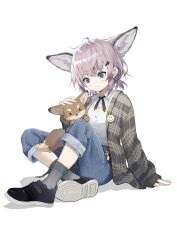 Rule 34 | 1girl, absurdres, alternate costume, animal ears, arknights, black footwear, blue eyes, casual, cigarette p, closed mouth, collared shirt, commentary request, denim, fox, fox ears, fox girl, full body, grey hair, grey socks, hair ornament, hairclip, highres, indian style, jeans, knees up, long sleeves, medium hair, on ground, open clothes, open shirt, pants, pants rolled up, petting, plaid, plaid shirt, shirt, shoe soles, simple background, sitting, sleeves past wrists, smiley face, socks, solo, sussurro (arknights), white background, white shirt