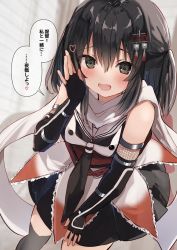 Rule 34 | 1girl, black gloves, black hair, black neckerchief, black skirt, brown eyes, buttons, commentary request, double-breasted, elbow gloves, fingerless gloves, gloves, hair ornament, hairclip, kantai collection, leaning forward, nanahamu, neckerchief, pleated skirt, scarf, school uniform, sendai (kancolle), sendai kai ni (kancolle), serafuku, skirt, solo, two side up, whispering, white scarf
