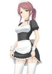 Rule 34 | 10s, 1girl, 1mm, alternate costume, apron, breasts, brown eyes, brown hair, choker, cleavage, closed mouth, clothes lift, collarbone, commentary request, enmaided, eyebrows, frilled choker, frills, garter straps, highres, idolmaster, idolmaster cinderella girls, lifting own clothes, long hair, looking at viewer, maid, maid apron, maid headdress, matching hair/eyes, medium breasts, mifune miyu, ponytail, simple background, skirt, skirt lift, smile, solo, thighhighs, underbust, white background, white thighhighs, wrist cuffs